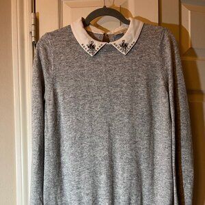 NEW Women's Loft Gray Sweater with White Rhinestone Faux Collar - Medium